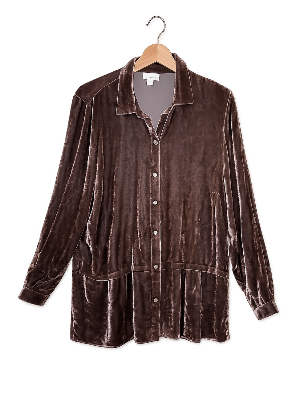 J. Jill Brown Silk Blend Velvet Blouse | Button Front Long Sleeve Peplum Top - Picture 2 of 13